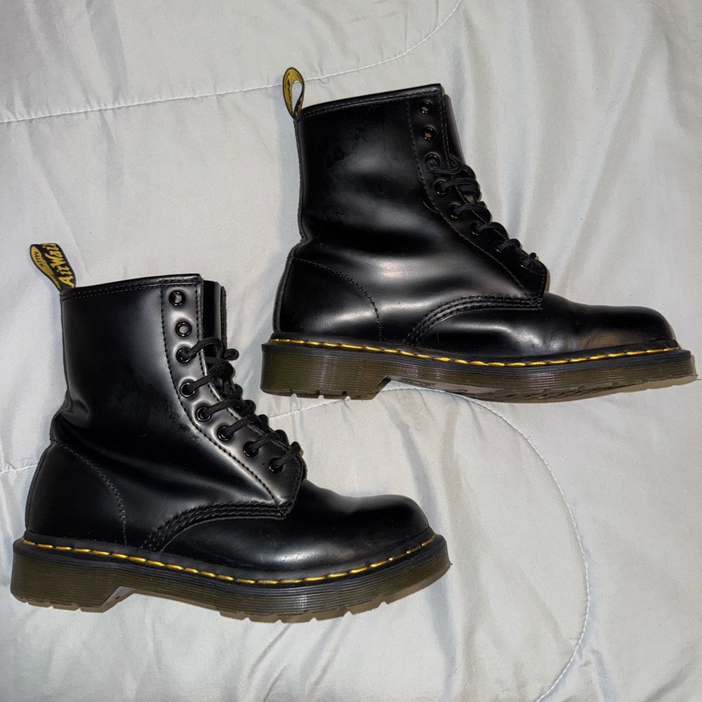 Dr. Martens Black Leather Combat Boots with Yellow Stitching